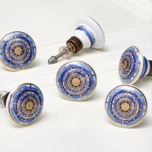 Indian Shelf Gold & Blue Ceramic Drawer Knobs – Spiral & Round – Set of 6
